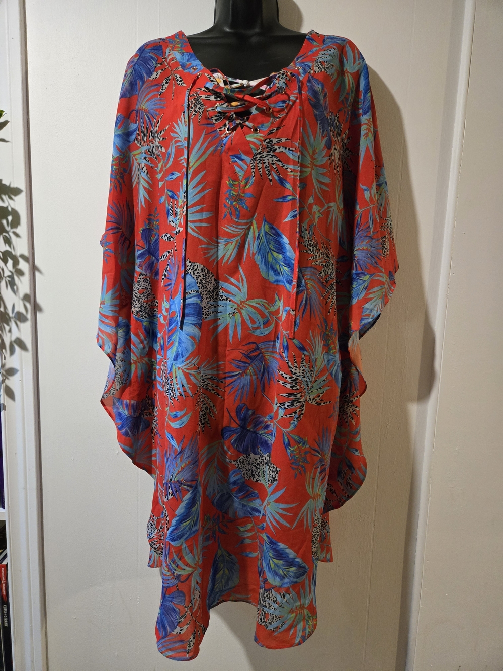 Anita Red Tropical Lace-Up High-Low Beach Coverup - Size S
